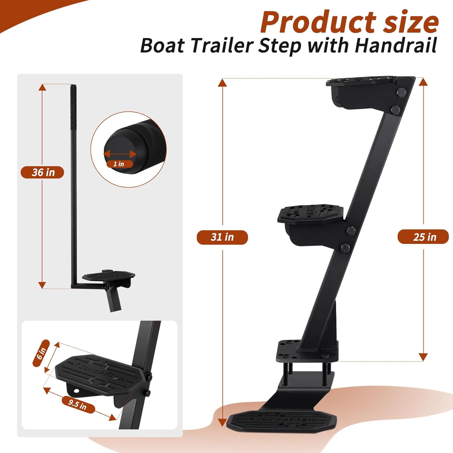 Boat Trailer Steps, Heavy Duty 3 Step Boat Steps for Trailer, Fit for Most Deep V Trailer Tongues 3-4" W x 5" H Tongues, with Handrail & Rubber Anti Slip Mat, 550lb