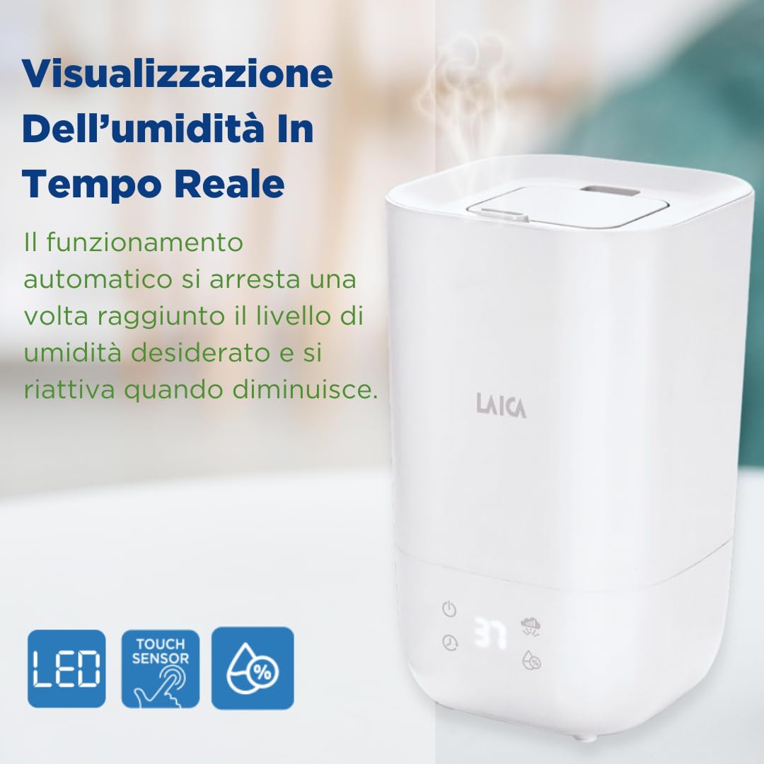 Umidificatore a ultrasuoni LAICA, serbatoio 3,3 L per stanze, piante, ultrasilenzioso, 3 velocità spray con modalità notte, erogazione 15 ore, On/Off auto, riempimento facile, oli aromatici