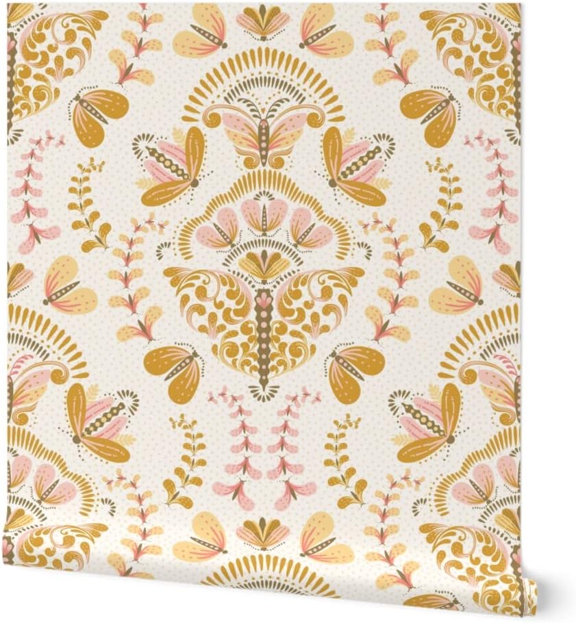 Peel & Stick Wallpaper 3ft x 2ft - Gold Butterfly Light Pink Whimsical Damask Feminine Floral Garden Custom Removable Wallpaper by Spoonflower