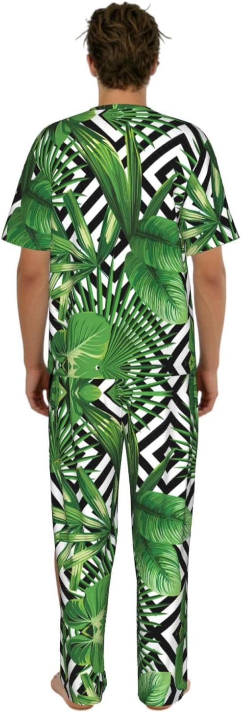 Men'S 2 Piece Loungewear Pajama Set Tropical Leaves Print Short Sleeve Tee Top And Pants Set S-3xl