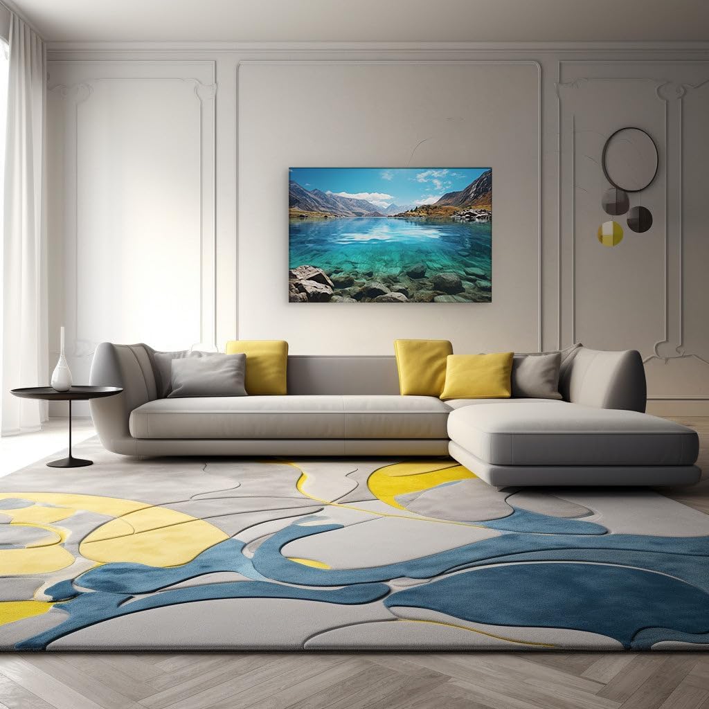 Canvas for Living room. Crystal Clarity in Mountain Serenity - Discovering the Lake Where Earth Meets Sky, 27 x 18 inch Canvas Wall Art - Surrealistic Visions - Modern Home Decor