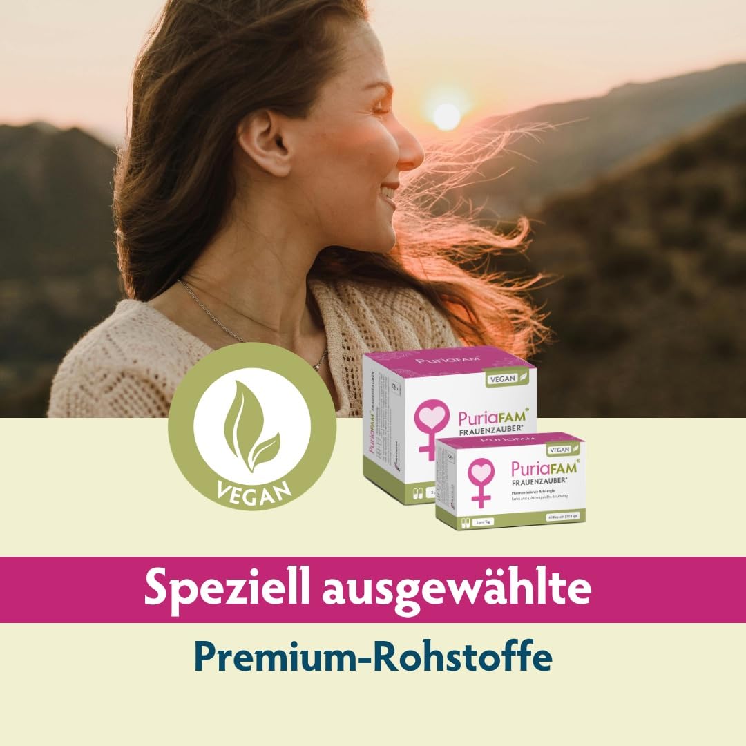 PuriaFAM® Frauenzauber, rotes Maca, 180 Kapseln, Ashwagandha, vegan - Hergestellt in DE - Hormon Balance Frauen