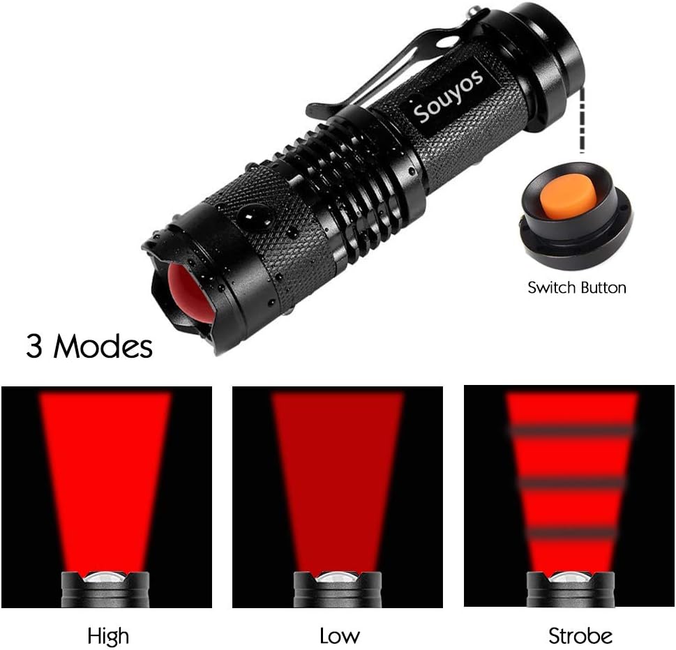 3 Pack Zoomable Long Range Red Hunting Light Flashlight Torch with Clip for Hunting, Detection, Night Observation - Black