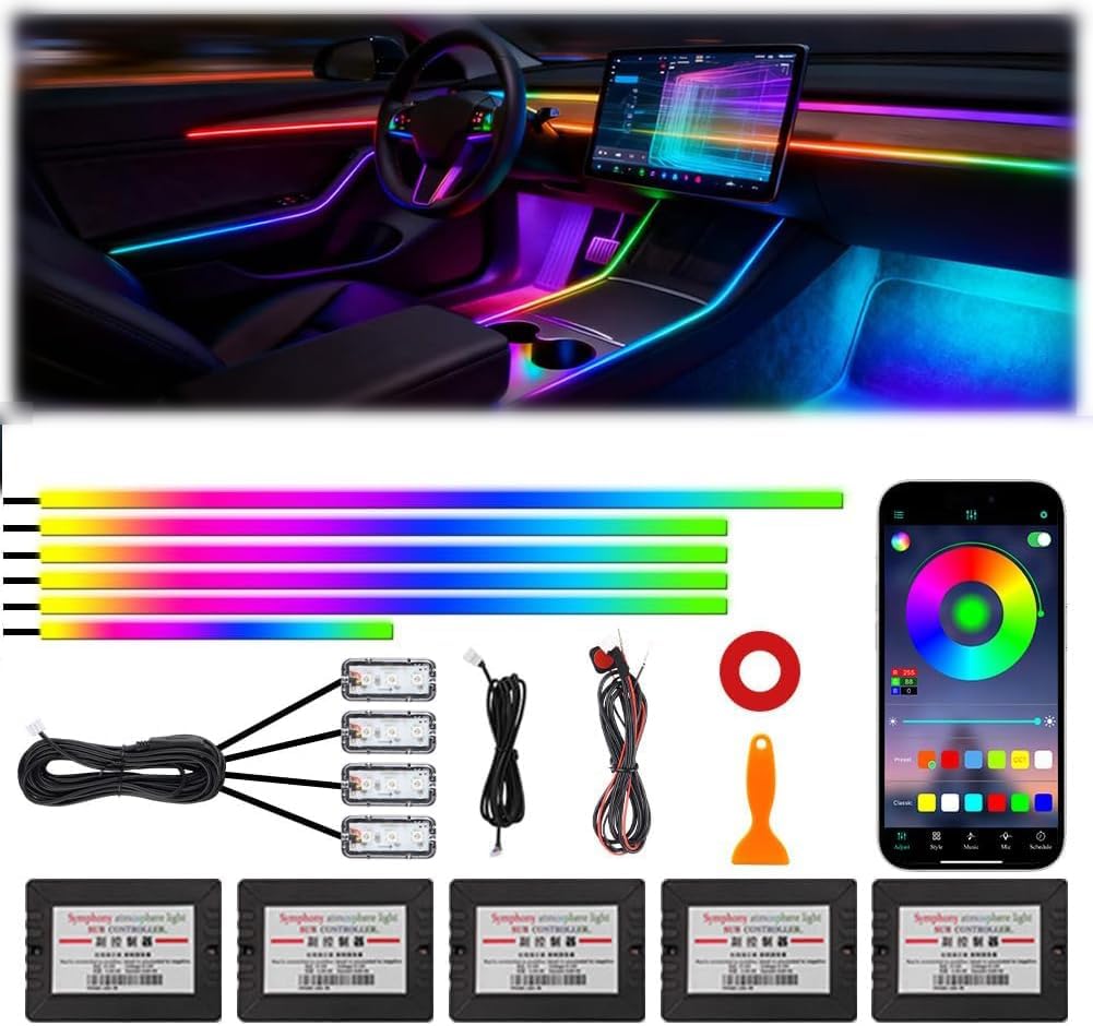 Acrylic Interior Car Ambient Lighting, Interior RGB LED Strip Kit with Music Sync Mode, 55 Inch Length Suitable for Pickup, Trucks, SUV and Large Vehicles (10 in 1)