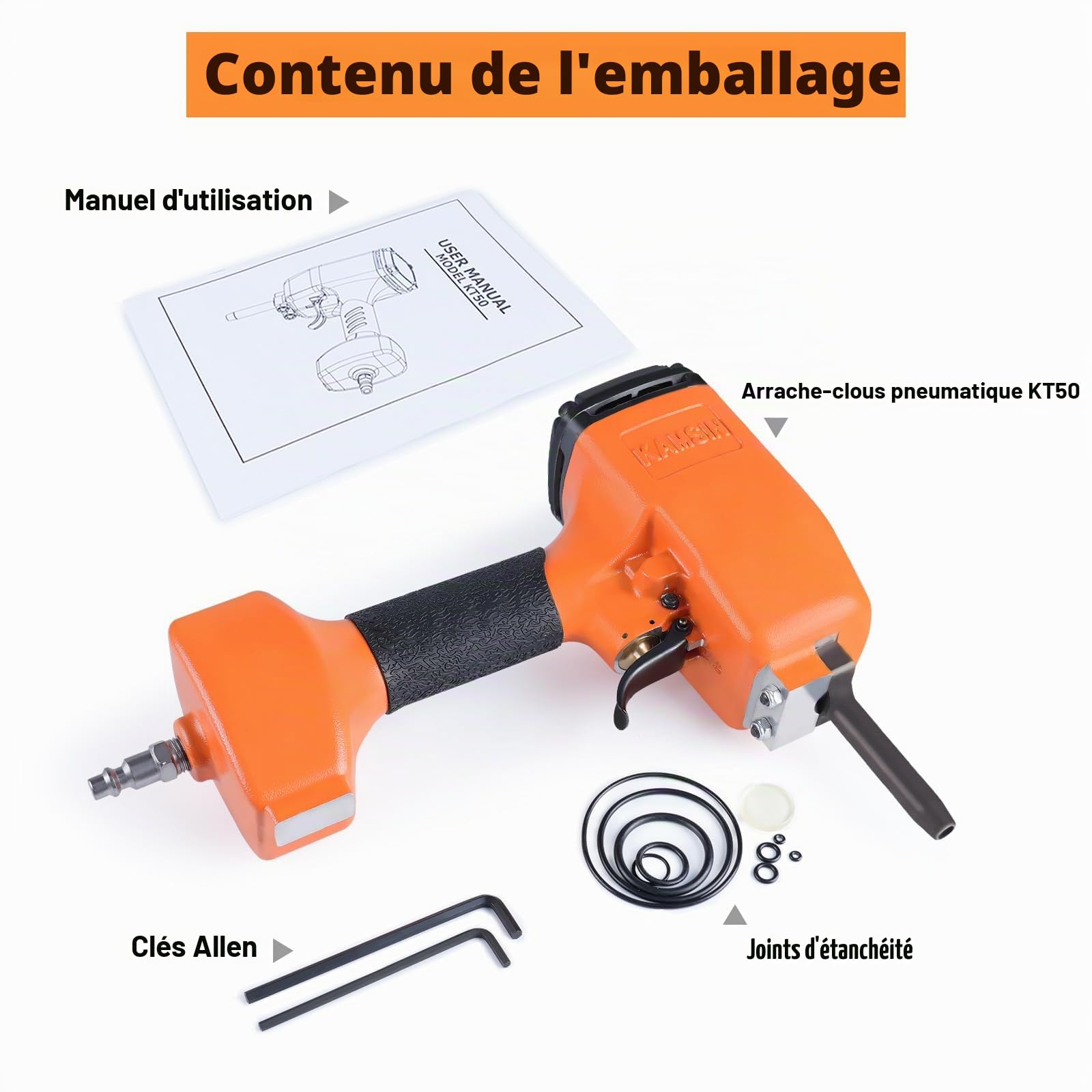 KAMSIN KT50 Pistolet pneumatique d'arrachage de clous à usage intensif avec gâchette de sécurité, cloueur à air comprimé, pistolet d'arrachage de clous.