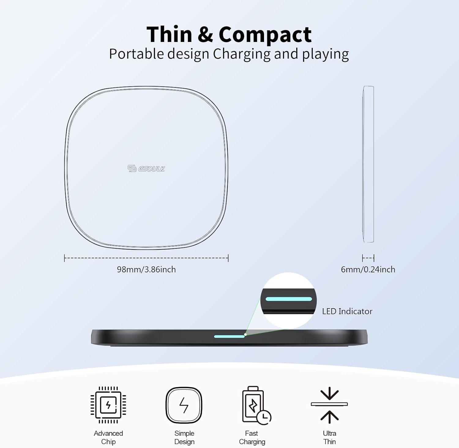 Esoulk Black 15W QI Wireless Charger & 5FT Type-C Charging Cable Slim & Compact - Fast Charger - Charging Plug/Brick not Included - Compatible with iPhone Pro Max oneplus Galaxy Note Pixel Motorola