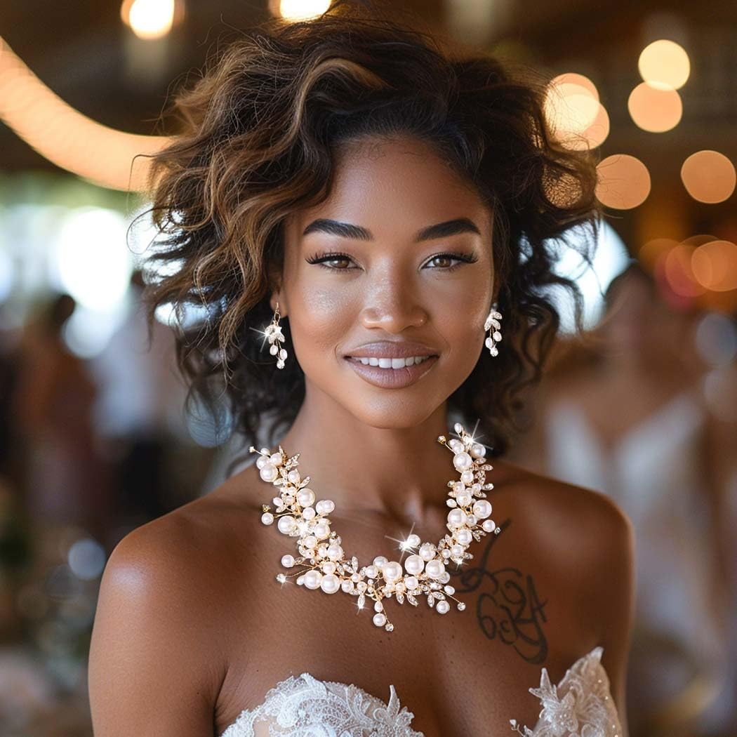 Unicra Gold Bridal Wedding Jewelry Set Pearl Necklace Earrings Sets Rhinestone Formal Prom Costume Jewelry Sets for Women and Brides - Image 4