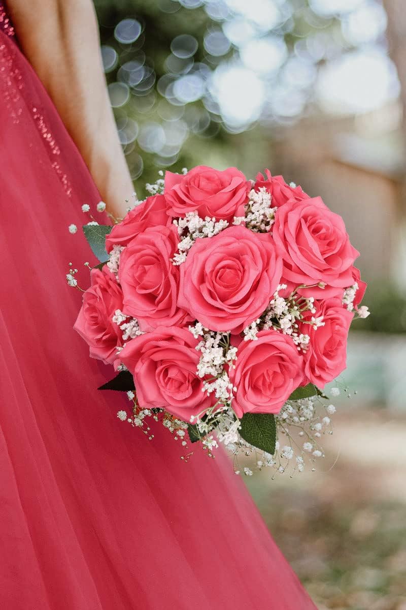 LVEFIT Artificial Rose Flower Coral Flowers Silk Flowers 12 pcs with Long Stem Silk Roses Bouquet for Wedding Bridal Shower Party Home Decoration - Image 7