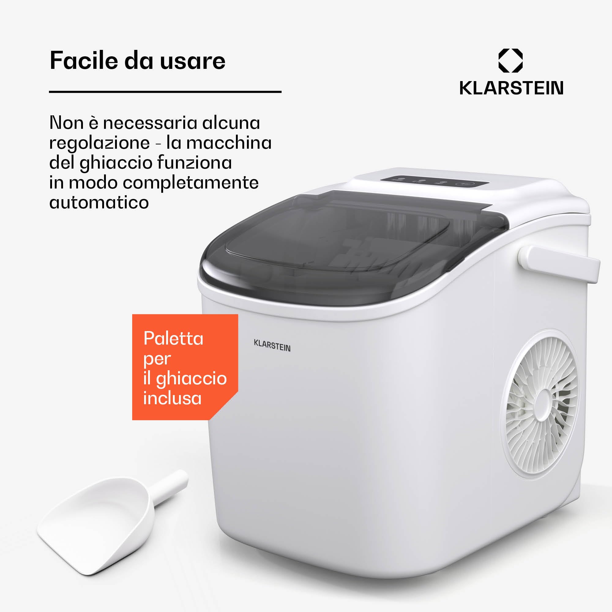 Klarstein Macchina Ghiaccio - 12kg/24h, 2 Dimensioni Cubetti, Serbatoio 1.3L, Controllo Tattile, LED Indicatori, Portatile, Ideale per Casa/Feste