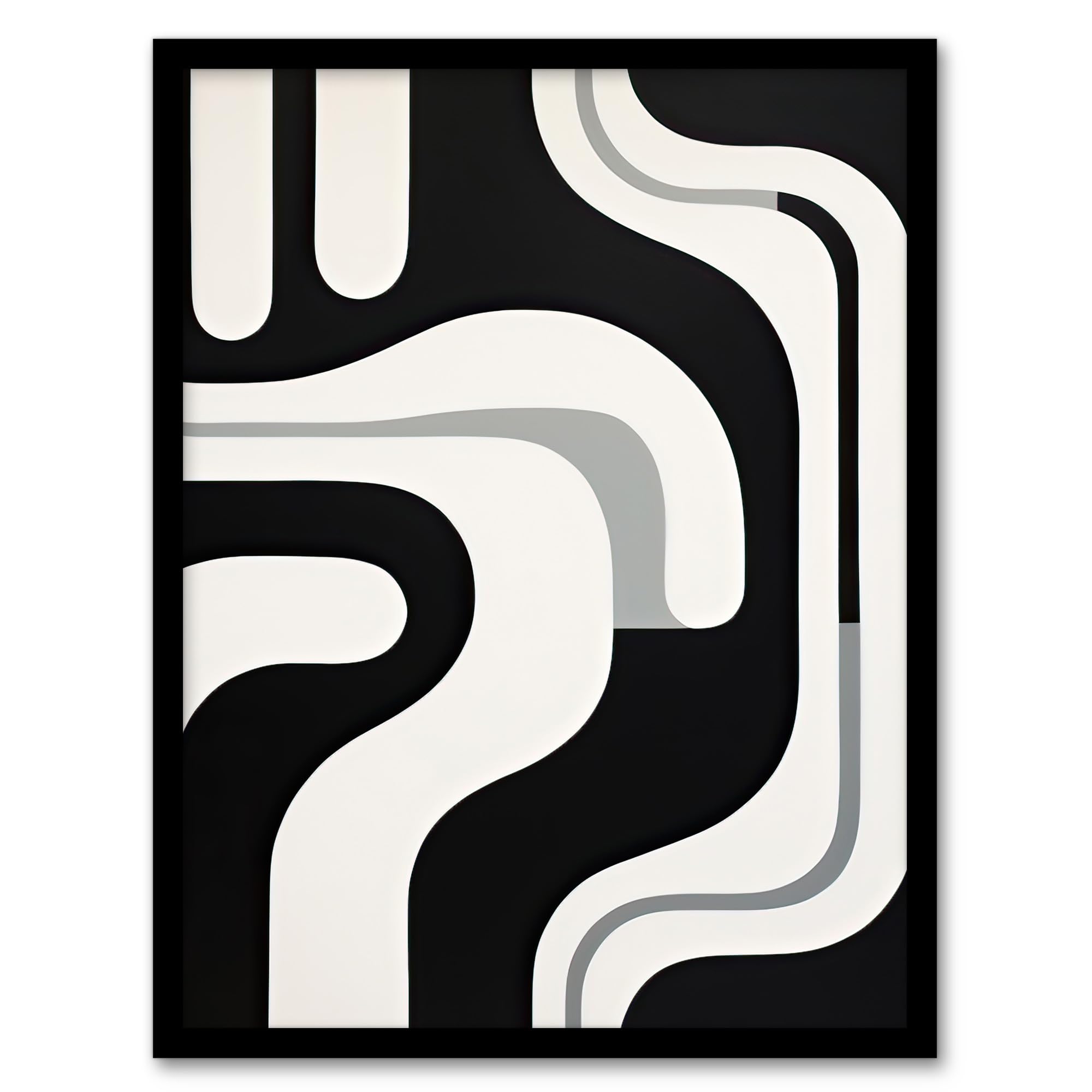 Artery8 Framed Wall Art Print - Minimalist Curves Shapes Abstract - Black White Geometric - A4 Size
