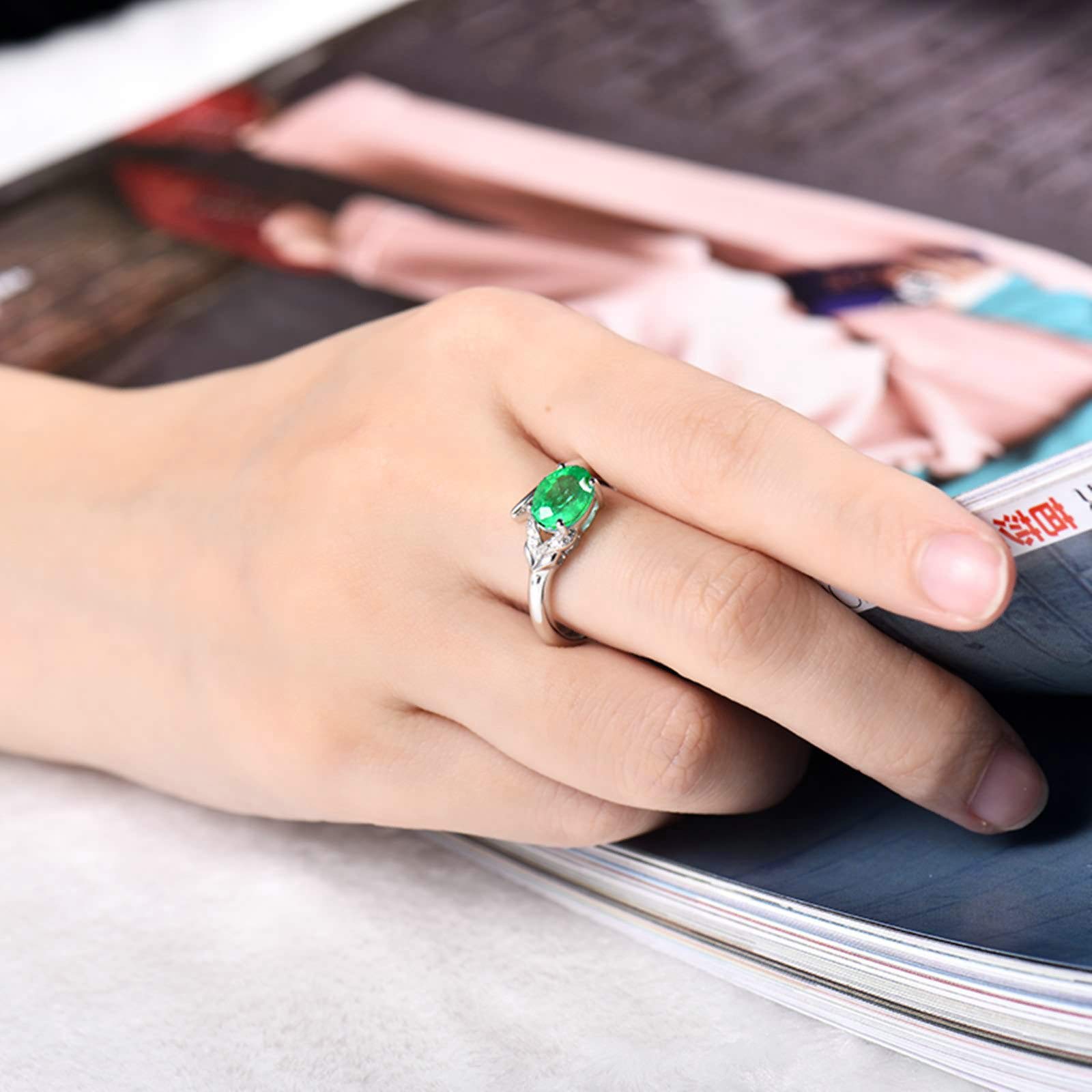 Anillos de compromiso de oro blanco y platino, anillo de boda para mujer, talla 1/2-V, 1/2, rosa con esmeralda ovalada de 1,2 quilates y moissanita de 0,03 quilates