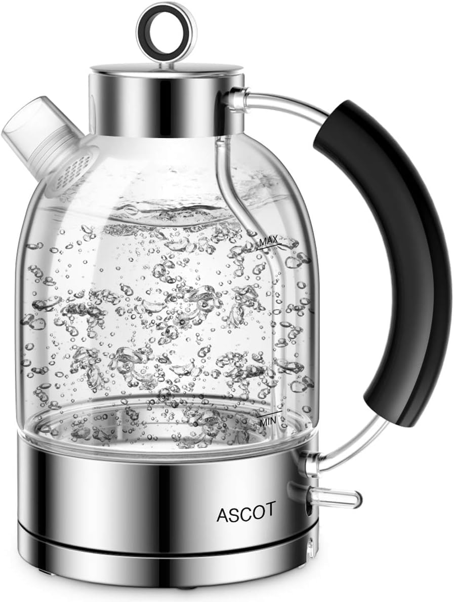 ASCOT Hervidor de agua de cristal, hervidor eléctrico regalos para hombres/mujeres/familias 1,5 L hervidor de agua a presión, protección contra ebullición en seco y apagado automático (plata)