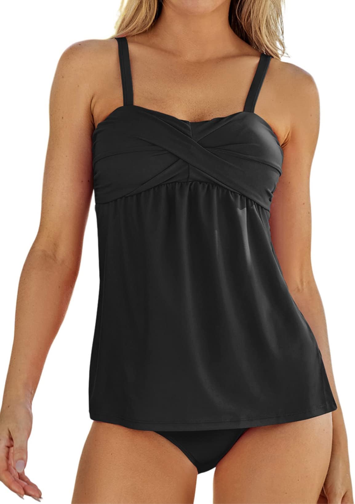 Aleumdr Women's Solid Ruched Tankini Top Swimsuit with Triangle Briefs Black Small