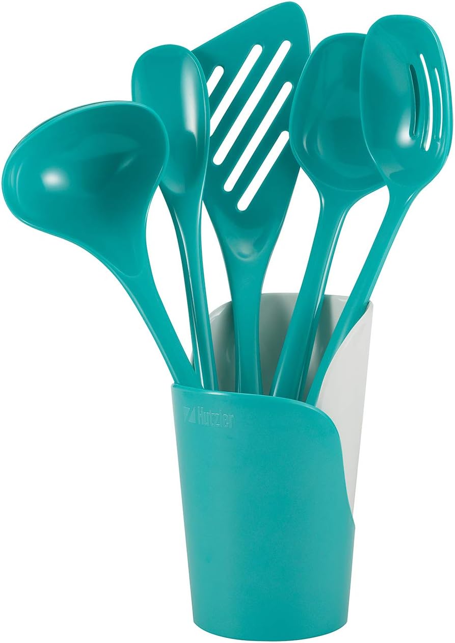 Hutzler 6-piece Melamine Cooking Utensils Set, Includes a 12-inch Long Slotted Spoon, Solid Spoon, Mixing Spoon, Slotted Turner, Soup Ladle, and Storage Crock, Turquoise