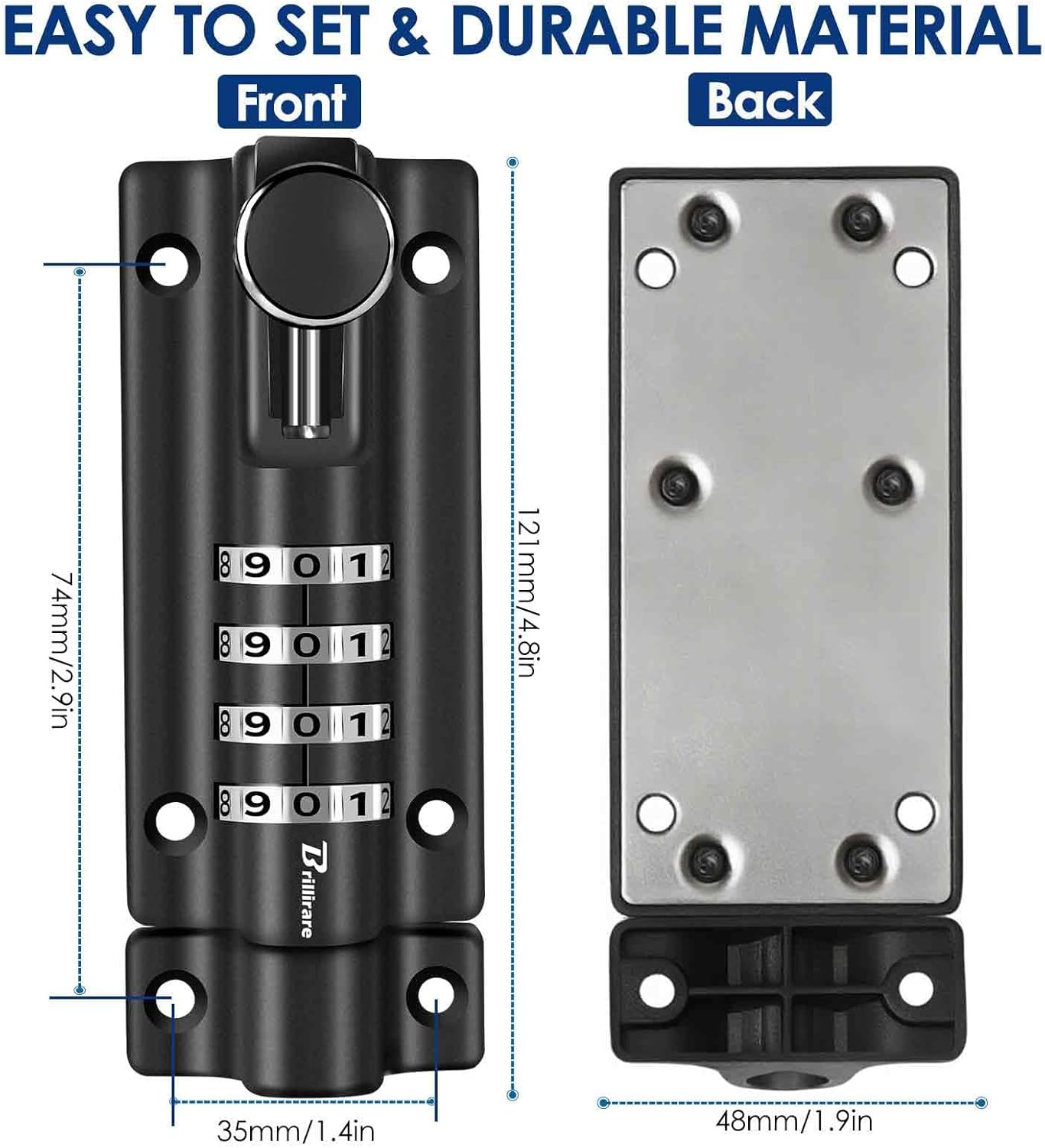 Combination Locking Bolt 4 Digit, Sliding Bolts Latch Weatherproof, Zinc Alloy Keyless Slide Lock 121mm/4.8in Heavy Duty, Lockable Padbolt for Gate, Shed, Garage with Anti-Tamper Screws-Black