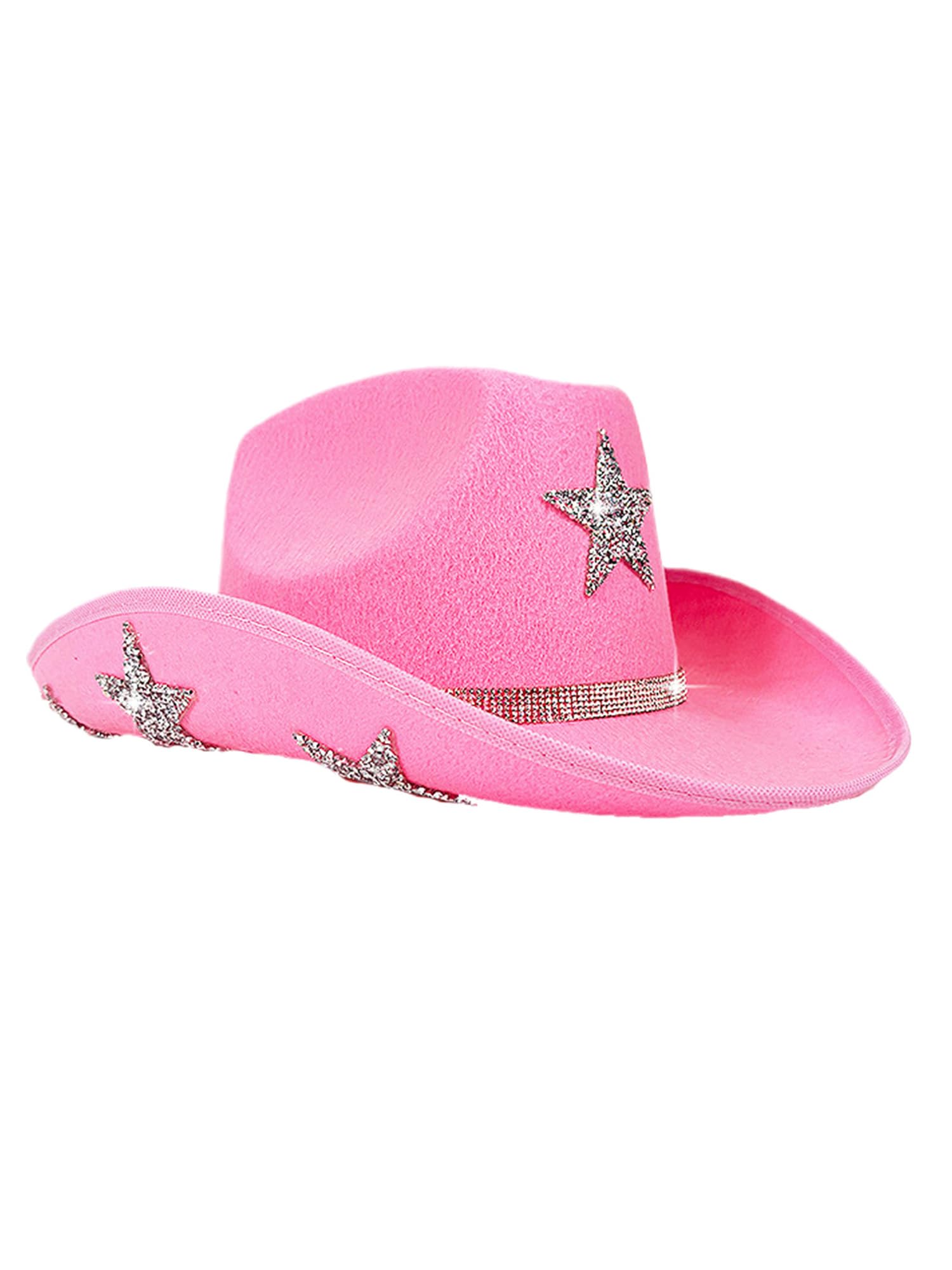 Anuedgis Women's Sparkly Rhinestone Star Western Cowboy Hat Wide Brim Fancy Dress Cowgirl Hat for Party Music Festival Wedding Costume (Pink 3, ONE Size)
