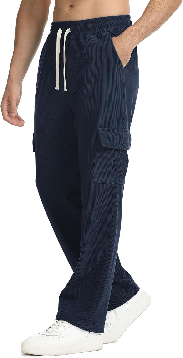 Suwangi Men's Baggy Cargo Corduroy Pants Casual Drawstring Elastic Waist Straight Leg Vintage Sweatpants for Men with Pockets - Image 2