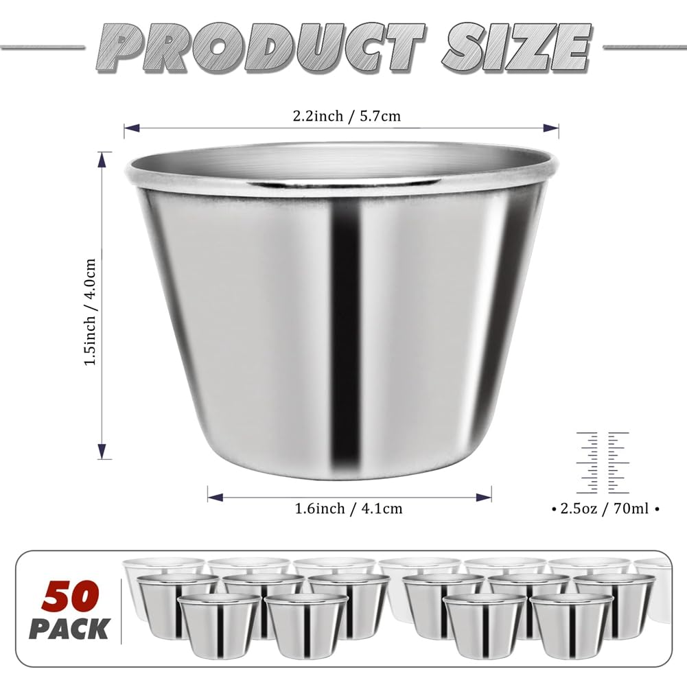 50 PCS Tasses à Sauce en Métal 2.5oz Ramekins, Gobelets à Sauce en Acier Inoxydable Argentés, Récipients de Condiment Métalliques Réutilisables