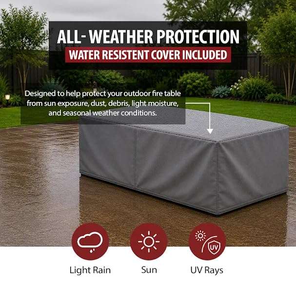 Image of AMS Fireplace Genuine Concrete Rectangular Propane Fire Pit Table for Outside Patio (66 inch Sedona) | Hidden Tank Drawer & Electronic Ignition | Bundle w /Wind Guard, Burner Lid & Cover (Cream White)