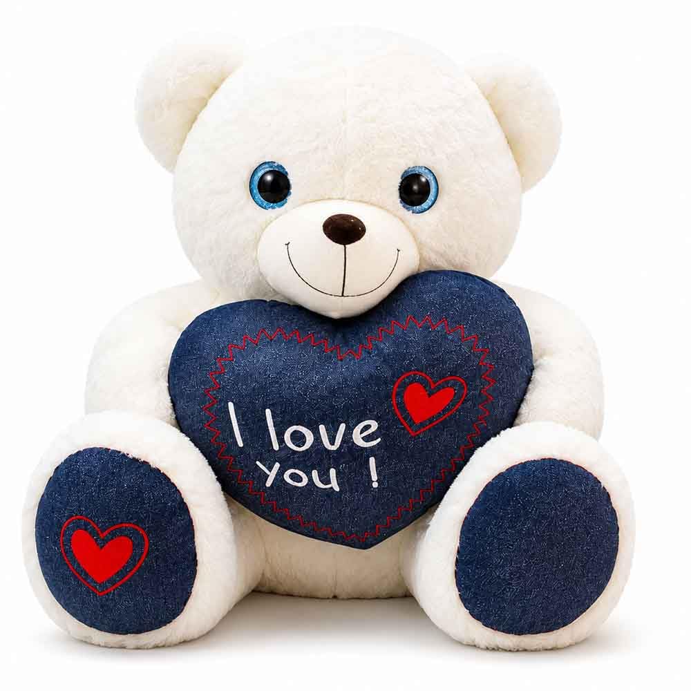 BEMIRO Teddybär mit Jeansherz XXL, ca. 80 cm, Weiß, Plüschtier | Glitzernde Kunststoffaugen, Gesticktes I Love You, Weiches Plüschmaterial, Rote Herzdetails, Ab 0 Jahren geeignet