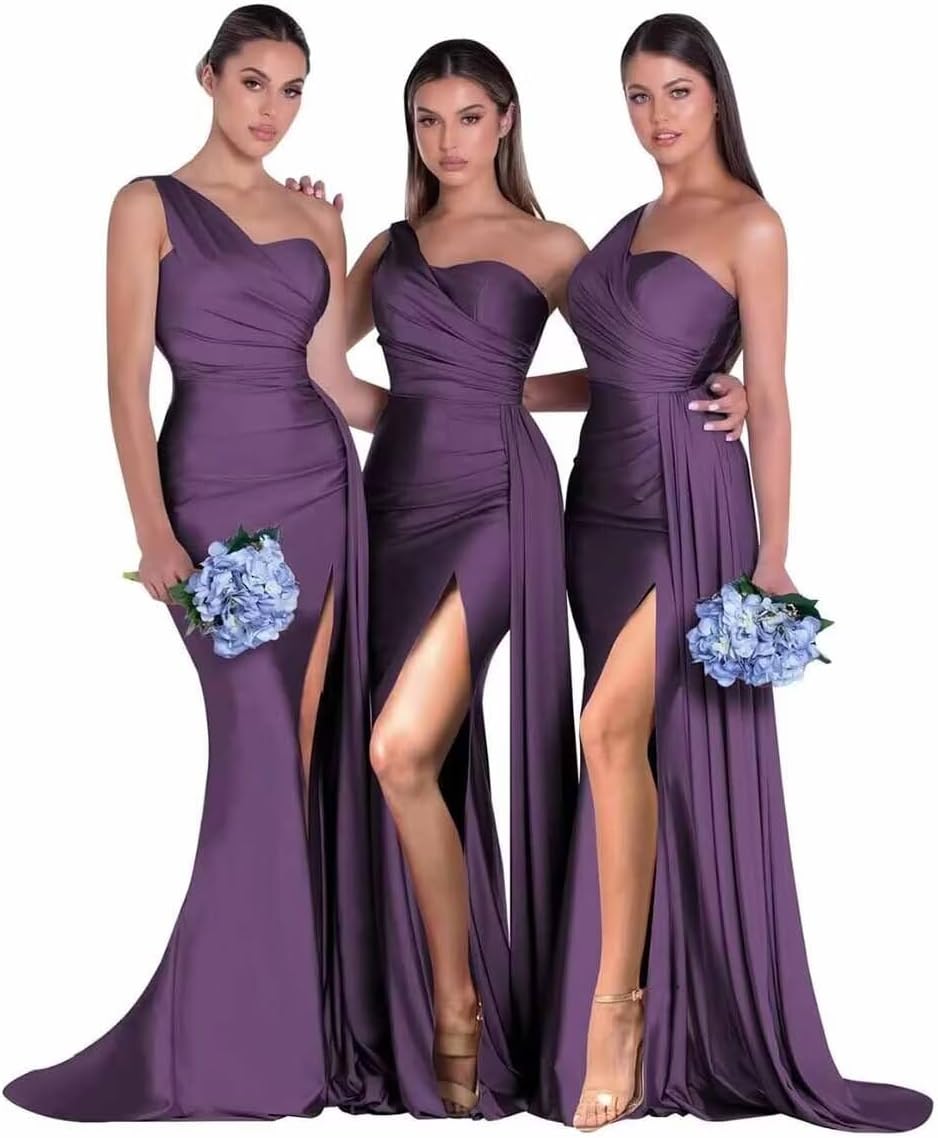 Vestidos de dama de honor de sirena de un hombro para boda ajustado vestido  de graduaci n vestido de noche formal fruncido con abertura