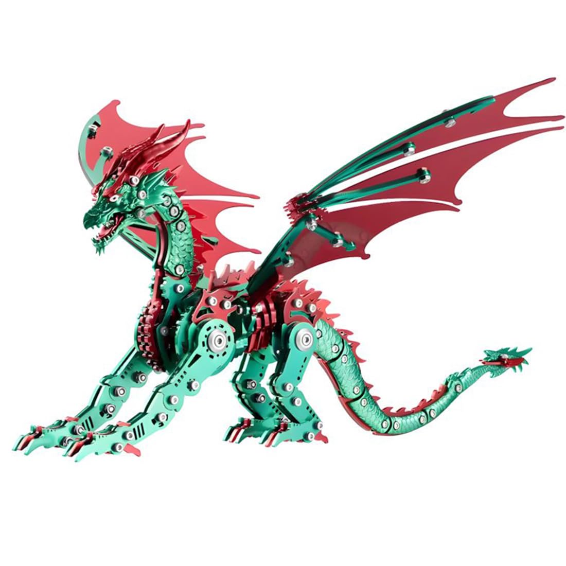 Rompecabezas de metal 3D para adultos, kit de bricolaje para dragón mecánico, regalo único para decoración de escritorio (rojo verde)