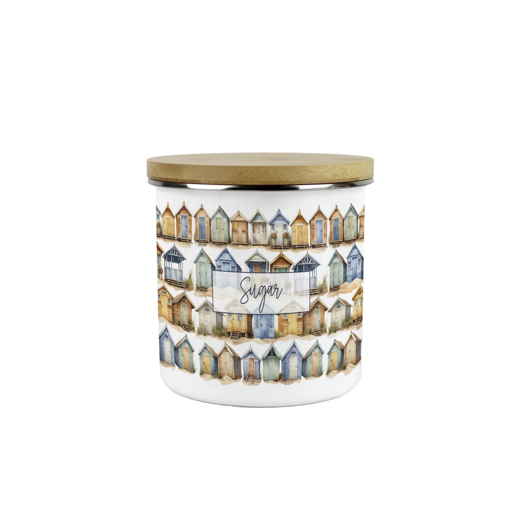 Purely Home Beach Huts Sugar Storage Canister - Seaside Beach Coastal Gift - Metal Enamel Hot Drinks Storage Container