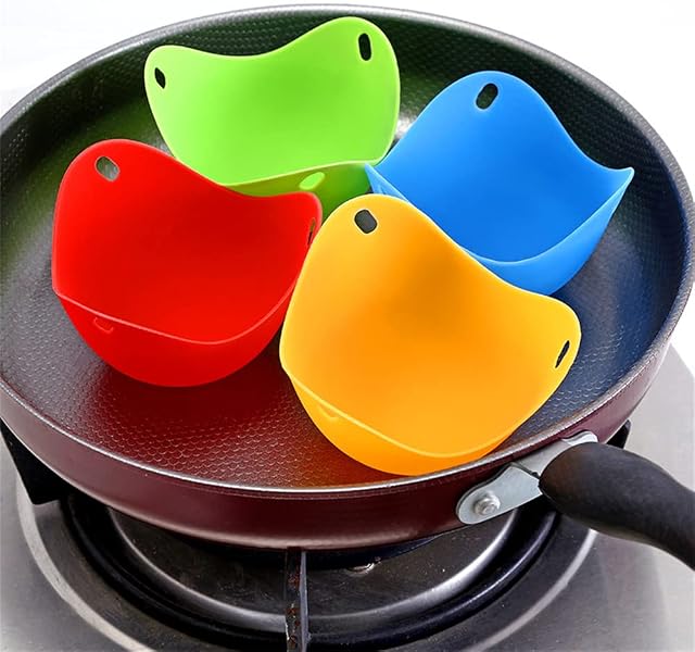 Egg Poacher, Kmeivol Perfect Poached Egg Maker, Non-Stick Poached Eggs Cups, Microwave Egg Poacher, BPA Free Silicone Egg Poacher Cups, Set of 4, Blue, Green, Yellow, Rose Red