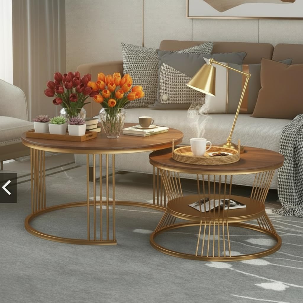 Modern Nesting Table Set of 2 – Round Coffee Table with Engineered Wood Top, Metal Frame Side Tables for Living Room, Drawing Room & Balcony (Gold & Brown)-image-8