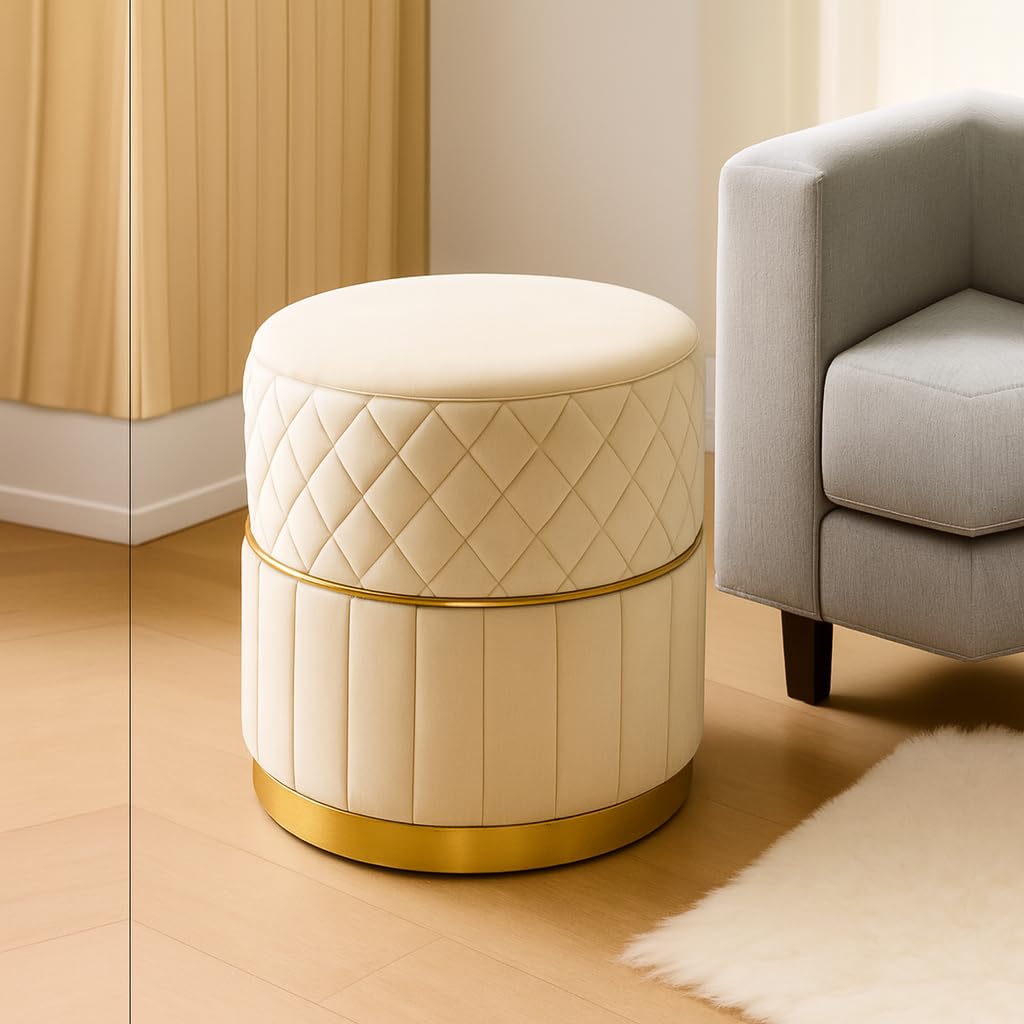 Dence Store Premium Velvet Puffy Ottoman Stool for Living Room, Bedroom and Dressing Area | Round Footrest with Diamond Quilting and Gold Base | Soft, Stylish and Durable Seating (Cream)