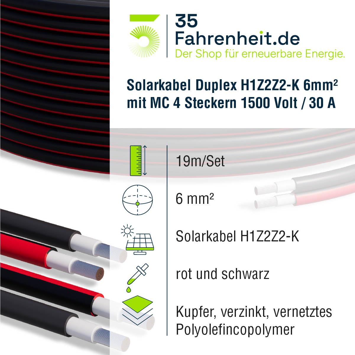 Solarkabel Duplex 19m Set 6mm² H1Z2Z2-K – inkl. MC4 Stecker & Adapter – TÜV zertifiziert – 1500V 30A – UV- & witterungsbeständig – für Solaranlagen, Photovoltaik & Balkonkraftwerke