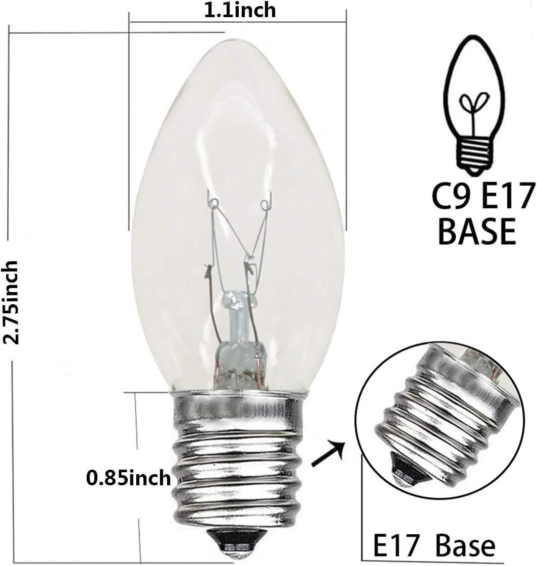 Couah 25 Pack C9 Clear Christmas Repalcement Bulbs, C9 Replacement Light Bulb for Christmas String Light, E17 Intermediate Base- 7 Watts