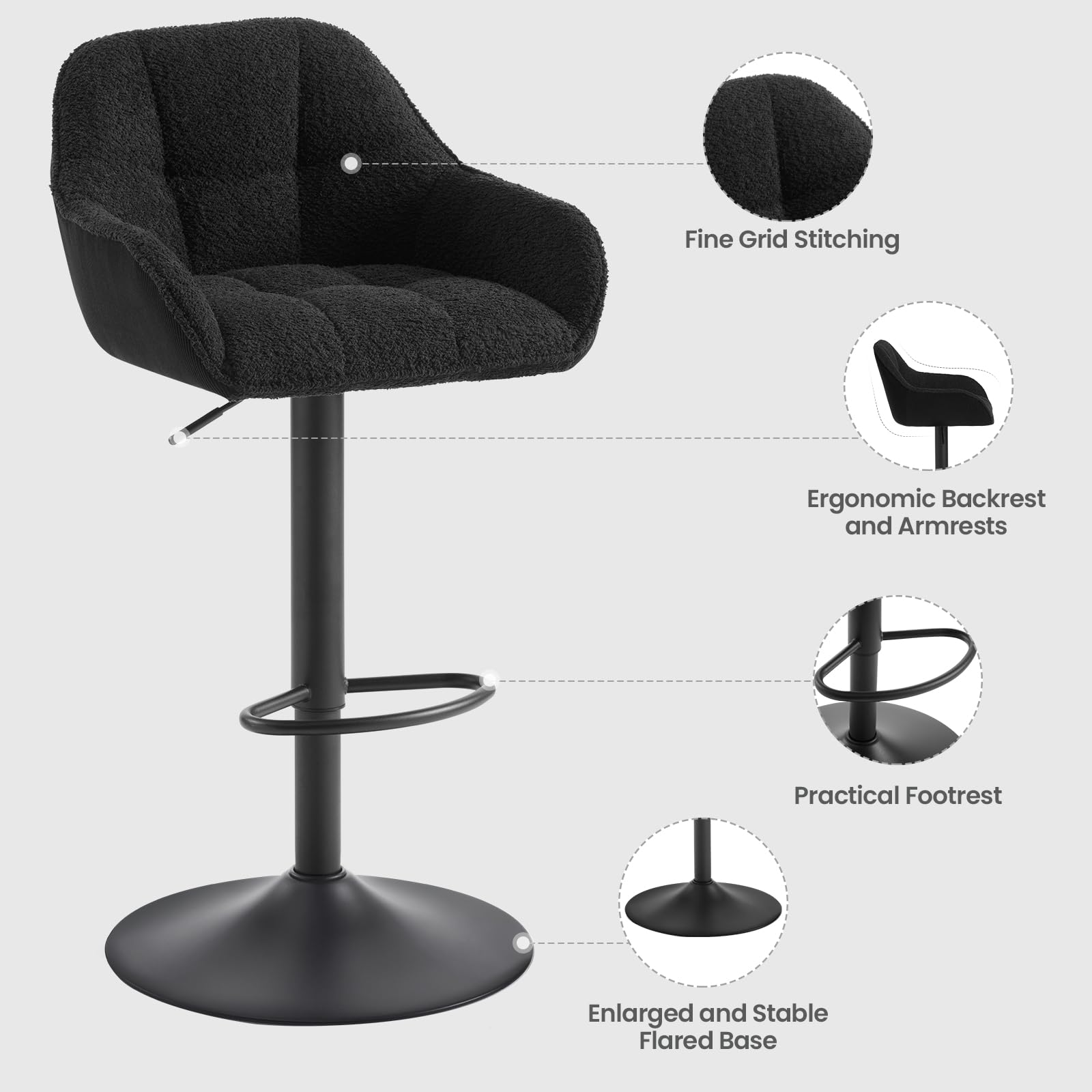 WOLTU Tabouret de Bar, Lot de 2, Chaise de Bar, Réglable en Hauteur, Siège Rembourré Pivotant, avec Dossier, Repose-Pieds, Chenille+Velours Côtelé, Noir, BH400sz-2
