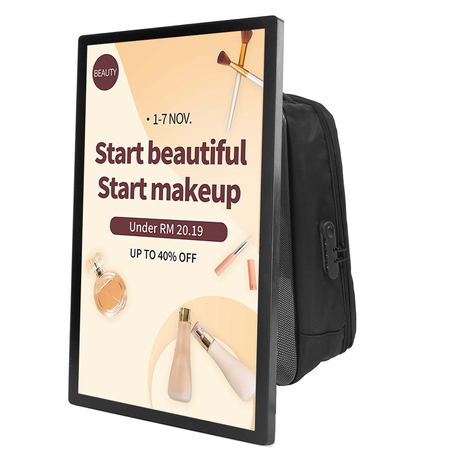 ZPNUZDU 27 In Touch Advertising Digital Backpack with 2K LCD Backpack Screen Support Usb App Remote Input Android