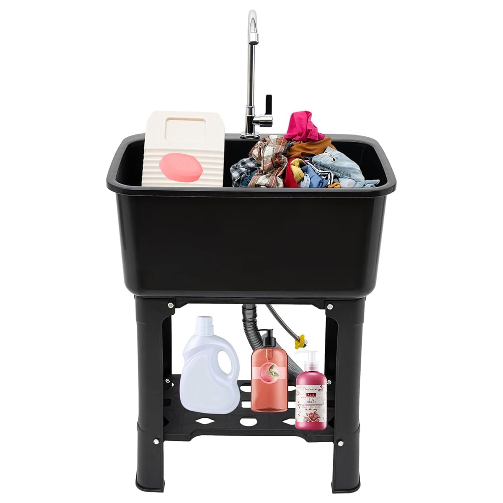 WBJGUOD Utility Sink Laundry Tub with Storage Shelf and Washboard, 360° Rotatable Faucet Freestanding Plastic Room for Washing Basement Garage Garden