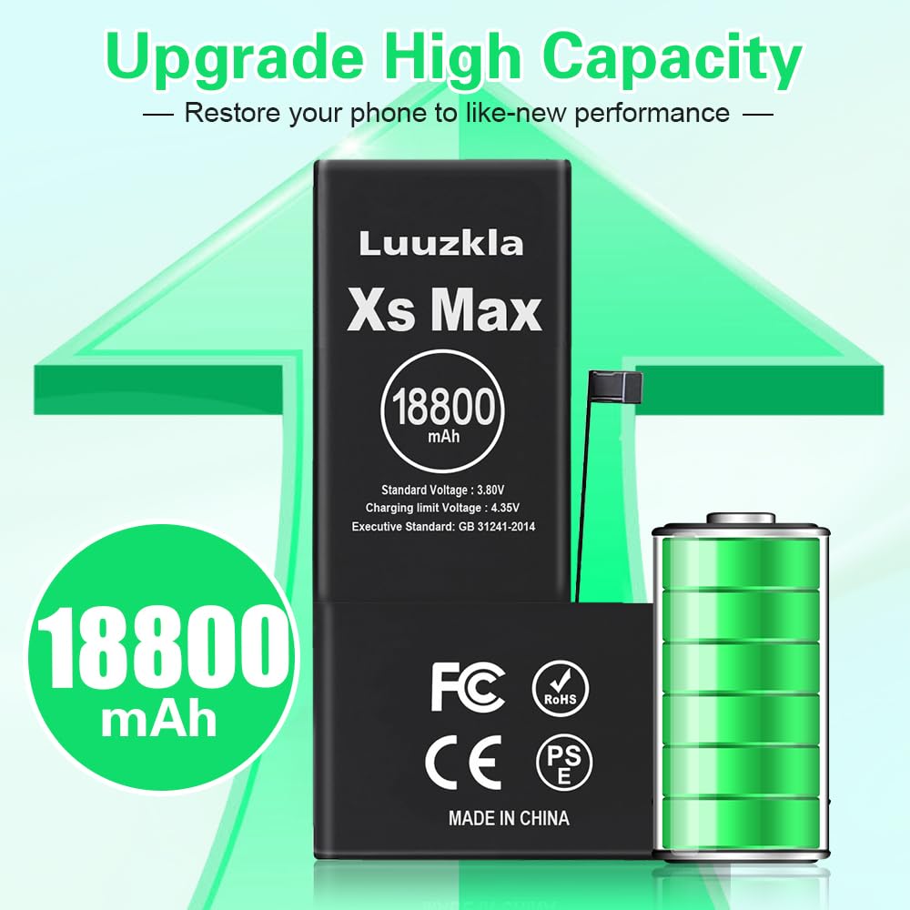 18800mAh (2025 New Upgrade) Battery Compatible with iPhone XS MAX, Super Capacity Battery Replacement Compatible with iPhone XS MAX, with Full Tool Kits-0 Cycle High Capacity-24 Months Service