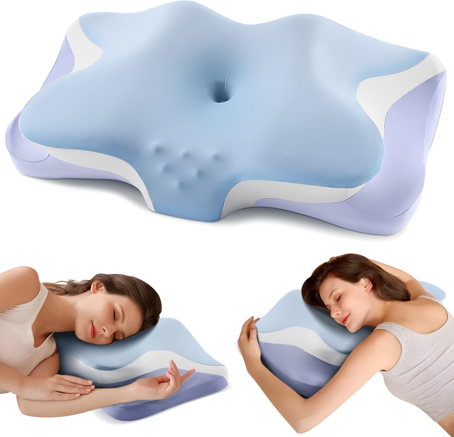 Cervical Pillow for Neck Pain Relief, Cooling Ergonomic Memory Foam Pillows for Sleeping with Luxury Anti-pilling Pillowcase, Contour Orthopedic Neck Support Pillow for Side Back Stomach Sleepers-Blue