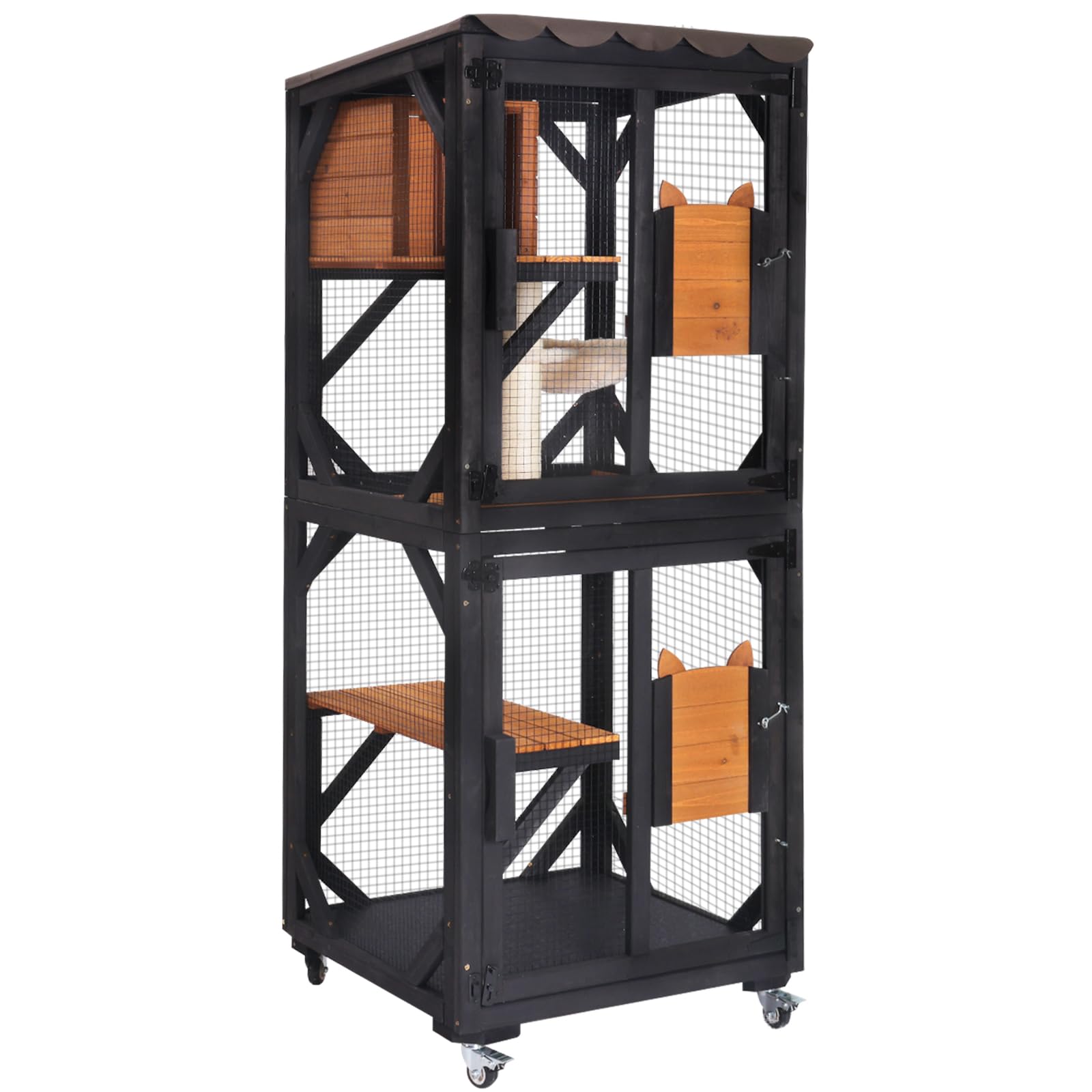 Aivituvin Cat House Window Catio Outdoor Cat Enclosure Mobile Kitty Shelter on Wheels Pet Cage with Resting Box,Hammocks,Waterproof Cover