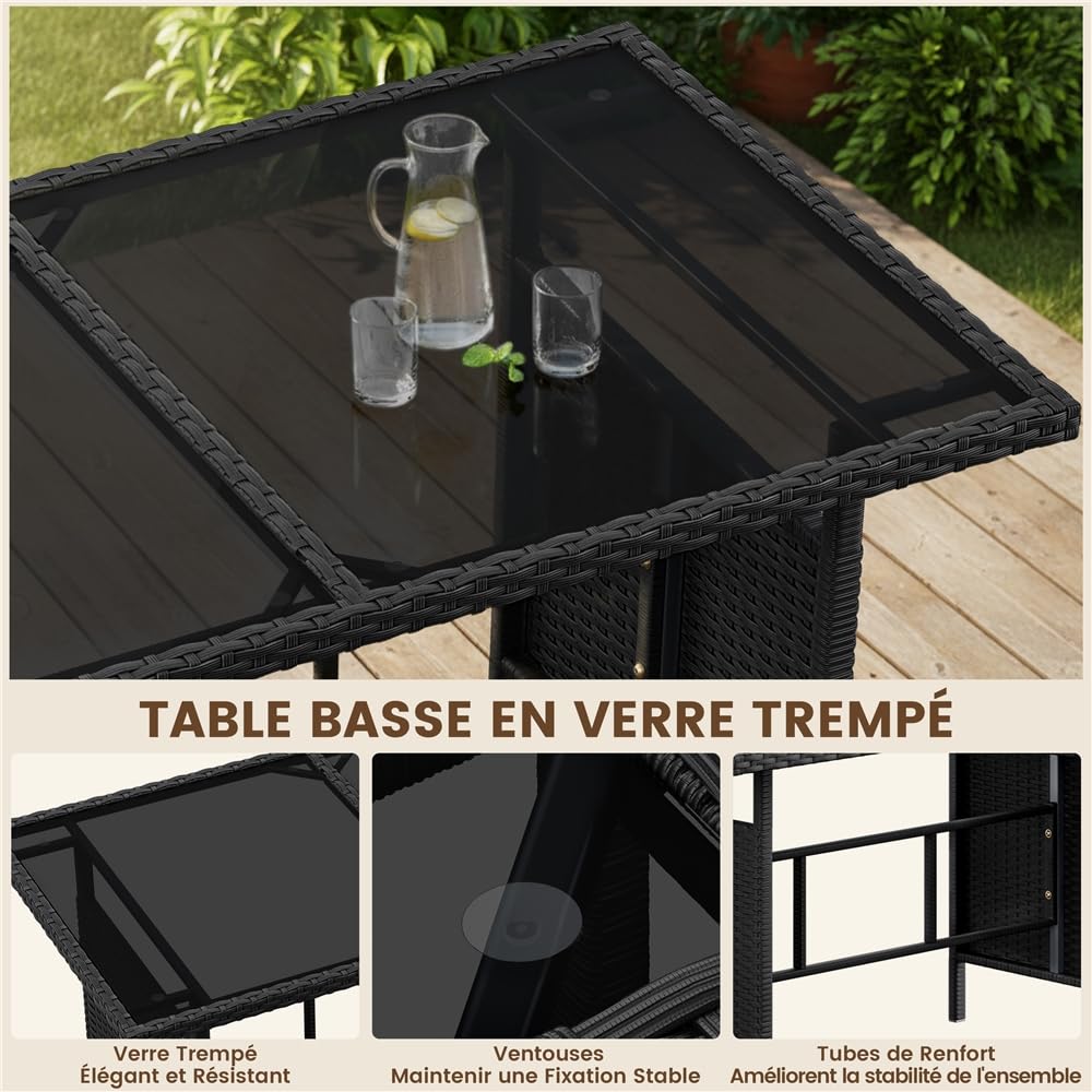Yaheetech Ensemble Salon de Jardin en polyrotin Lot de Mobilier 4 Pièces Canapés Extérieur avec Table et Ottomans Meubles pour Balcon Terrasse Véranda Salon Noir/Beige