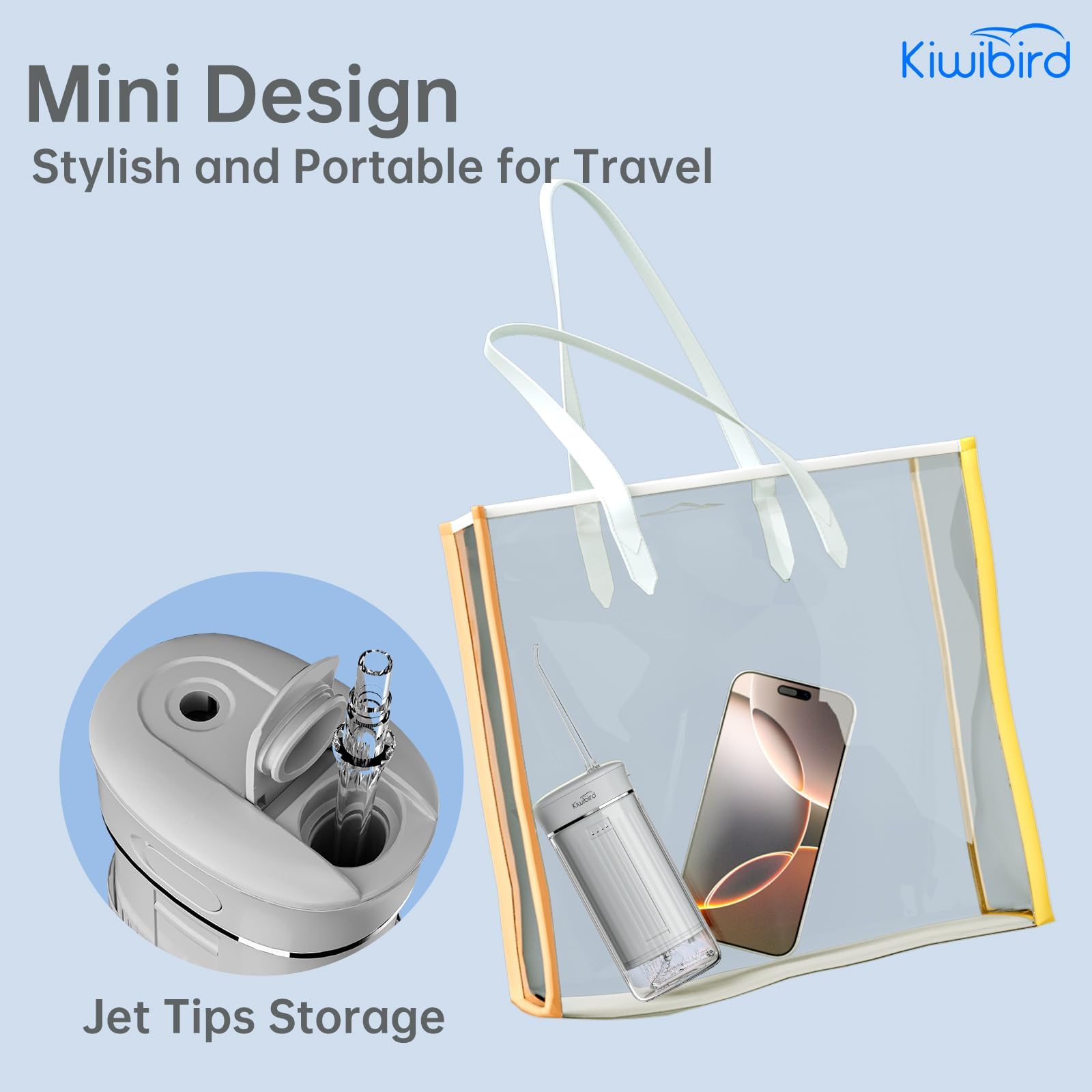 KIWIBIRD Mini idropulsore da viaggio, irrigatore orale senza fili ultraportatile con luce UVC, impermeabile IPX8, 3 modalità, 230 ml, detergente per i denti per la cura di pietre tonsillari e