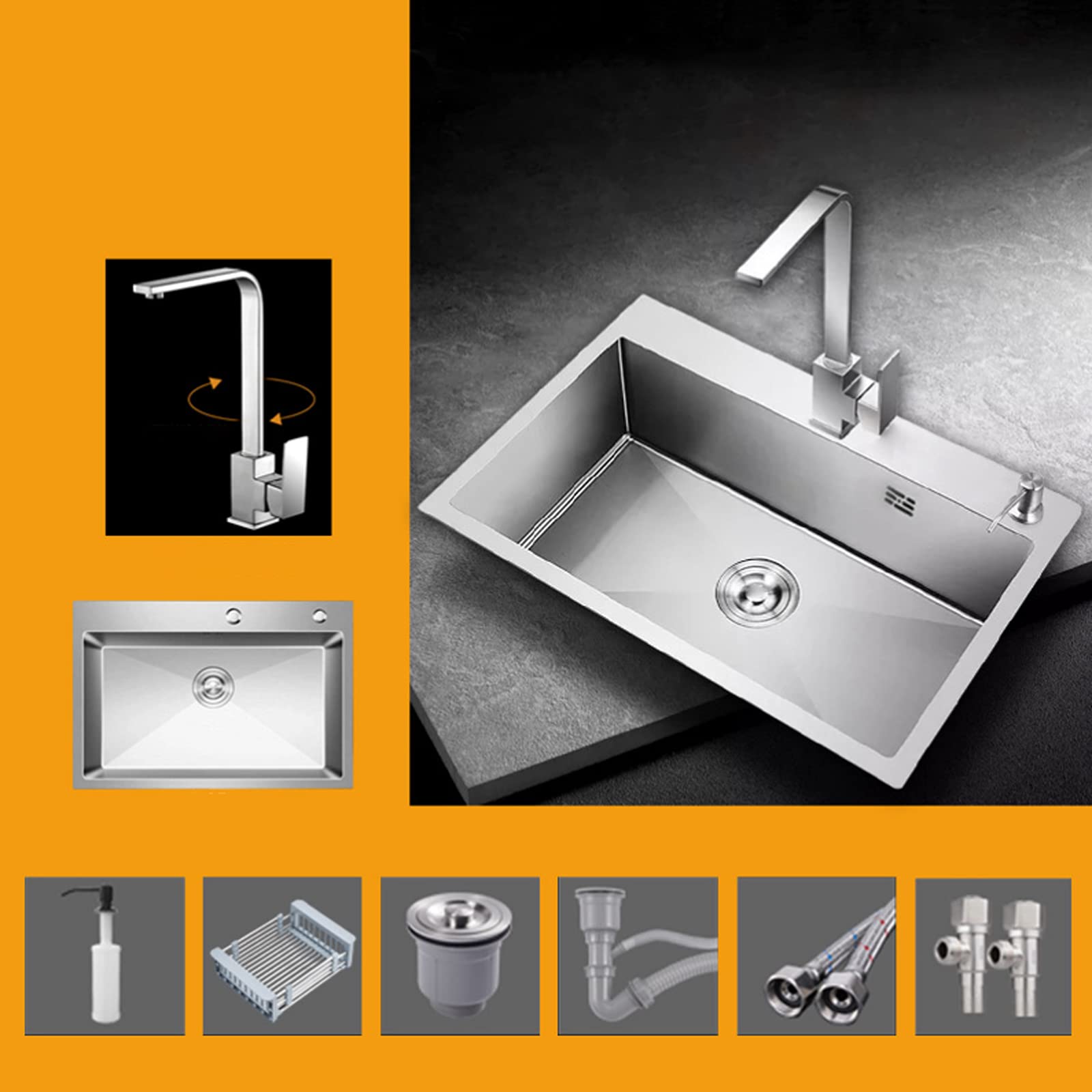 Fregadero de Cocina, Fregadero Individual Cuadrado de Acero Inoxidable con Kit Completo de fontanería, desagüe, instalación bajo encimera y Cesta para Platos (tamaño: 6545, Color: