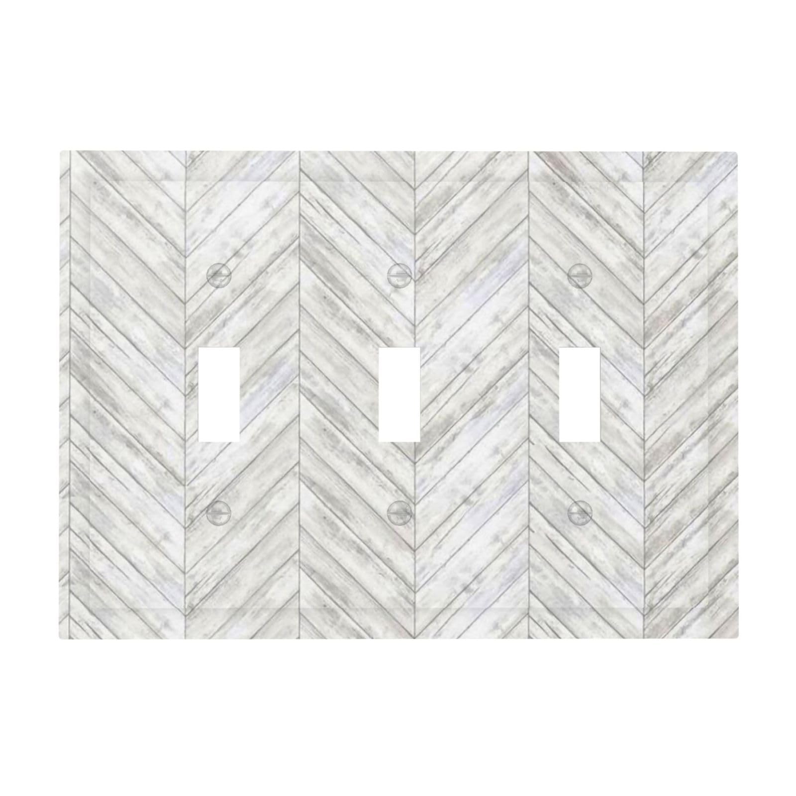 White/Grey Herringbone Wood Wooden 3 Gang Electrical Outlet Light Switch Cover Decorative Triple Toggle Wall Plate Electric Faceplate Switch Face Plate