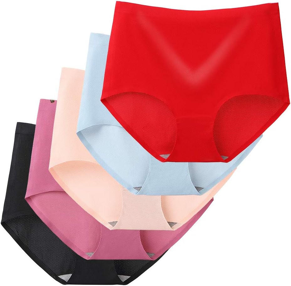 Women's 5 Pack High Waist Silk Mesh Solid Color Tummy Control Cotton Underpants Briefs Invisible Seamless Underwear