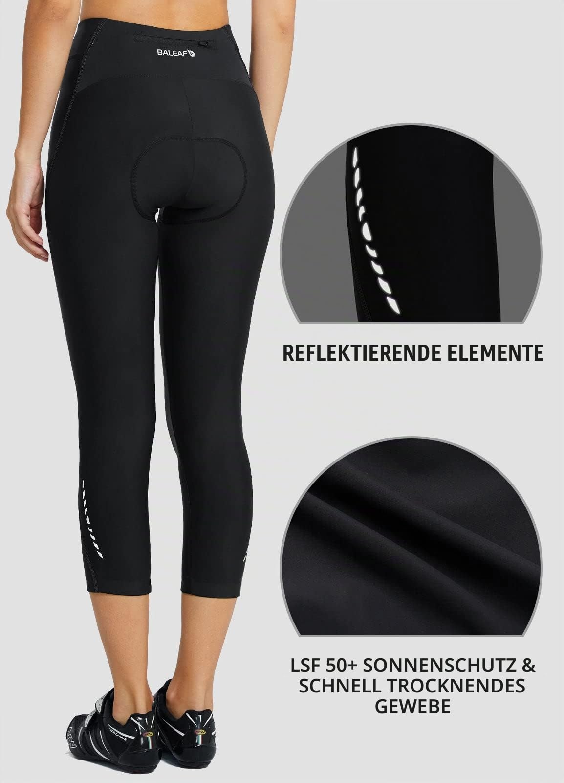 baleaf Fahrradhose Damen Gepolstert 3/4 Radlerhose Radhose Kurz Gepolsterte Leggings UPF 50+ Fahrradbekleidung Sommer
