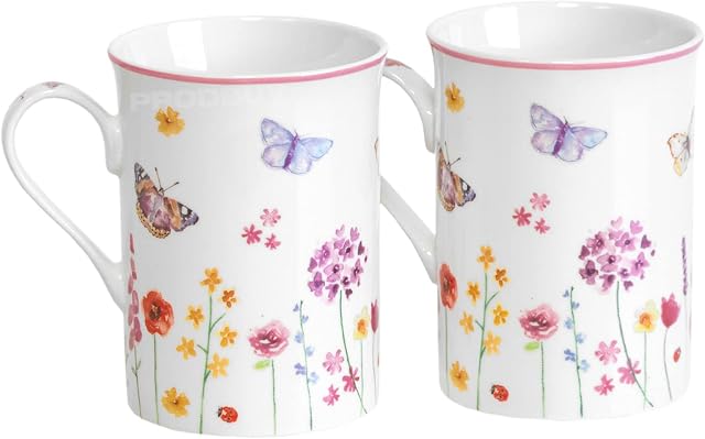Set of 2 x 250ml Small Fine China Pink Rim Butterfly Floral Flower Mugs - Suitable for hot Drinks