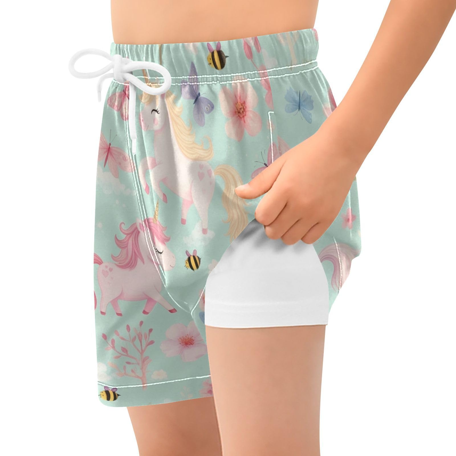 YANENDIE Boy Swim Trunks with Compression Liner Cute Horse with Butterflies Boys Swim Shorts Quick Dry Beach Shorts