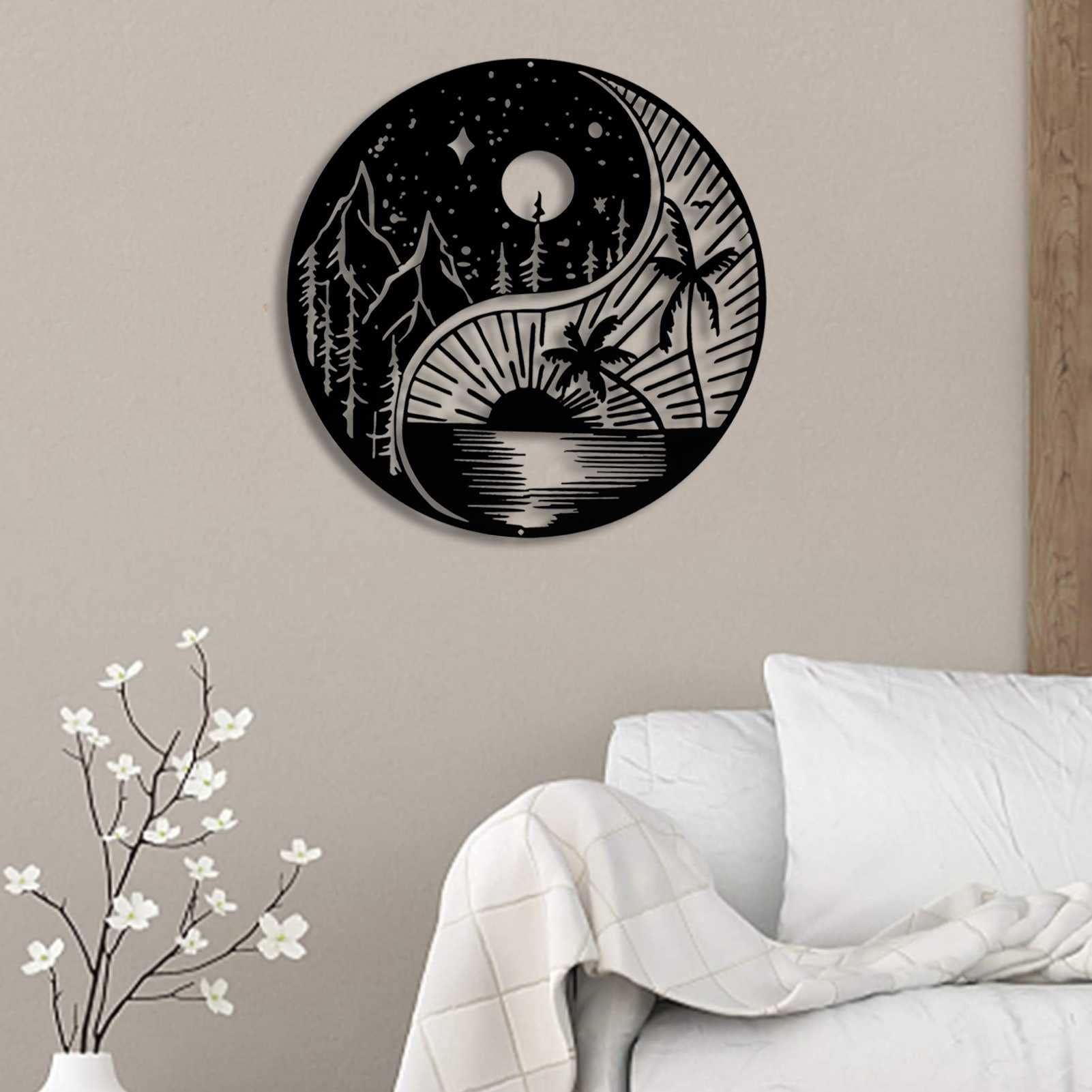 Targa Decorativa Da Parete Yin Yang In Metallo - Simbolo Taoista Con Pianeti, Stile Vintage - 20x20 Cm Per Casa, Ufficio, Meditazione