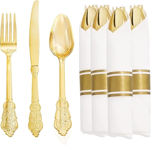 Liacere Paquete de 30 cubiertos de plástico dorado – Utensilios de plástico dorado de alta calidad – Incluye 30 tenedores, 30 cuchillos, 30 Oro