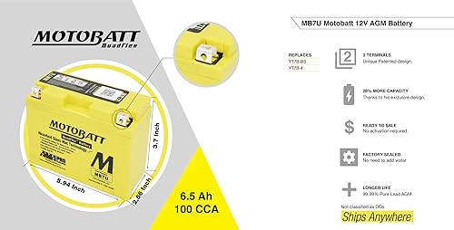 Miniatura 5 de MotoBatt 12 V 6.7 Ah MB7U batería sellada sin mantenimiento AGM