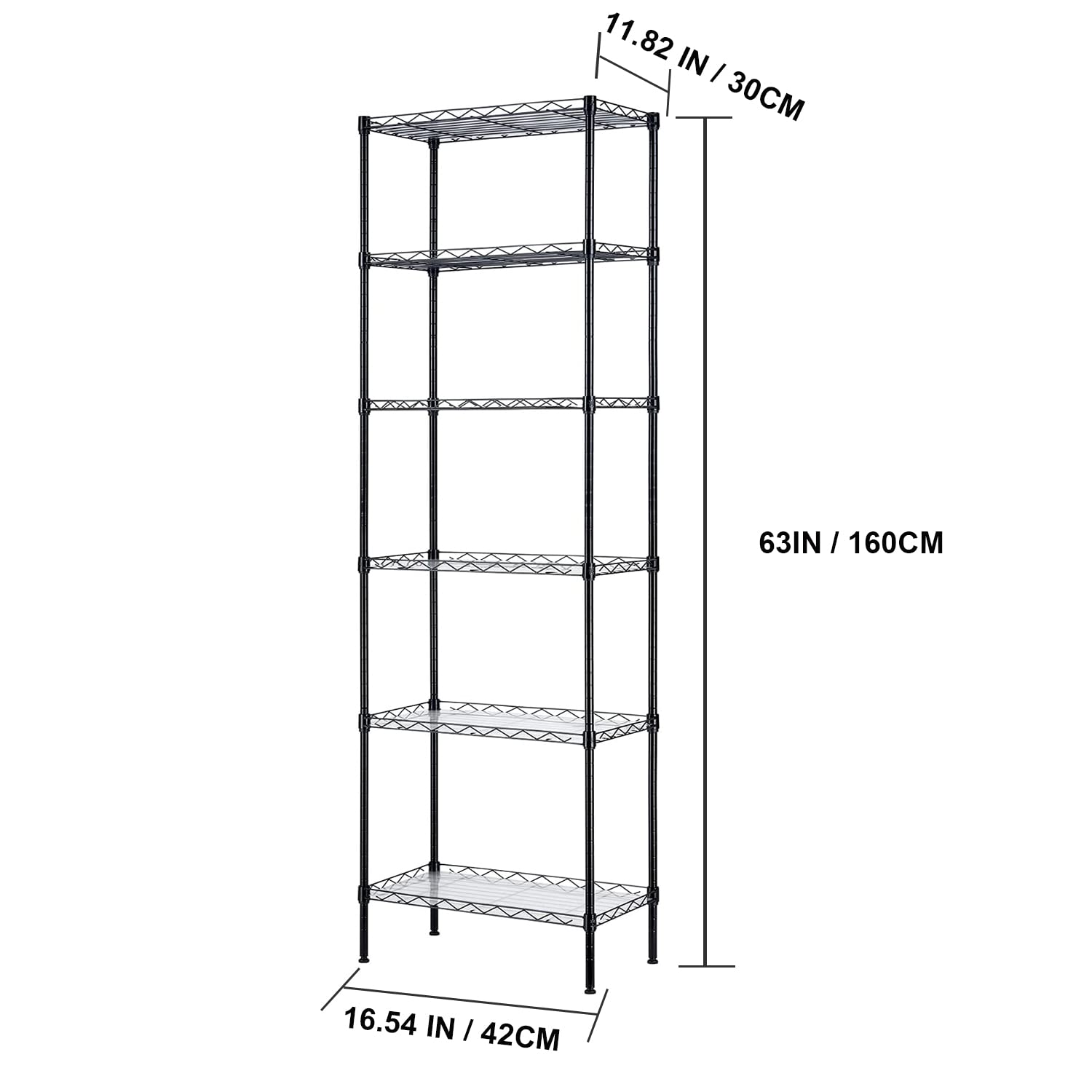 Estanterias almacenaje con 6 baldas,estanteria Metalica con 6 Baldas Ajustables y 4 Ganchos,42 * 30 * 160cm,Negro